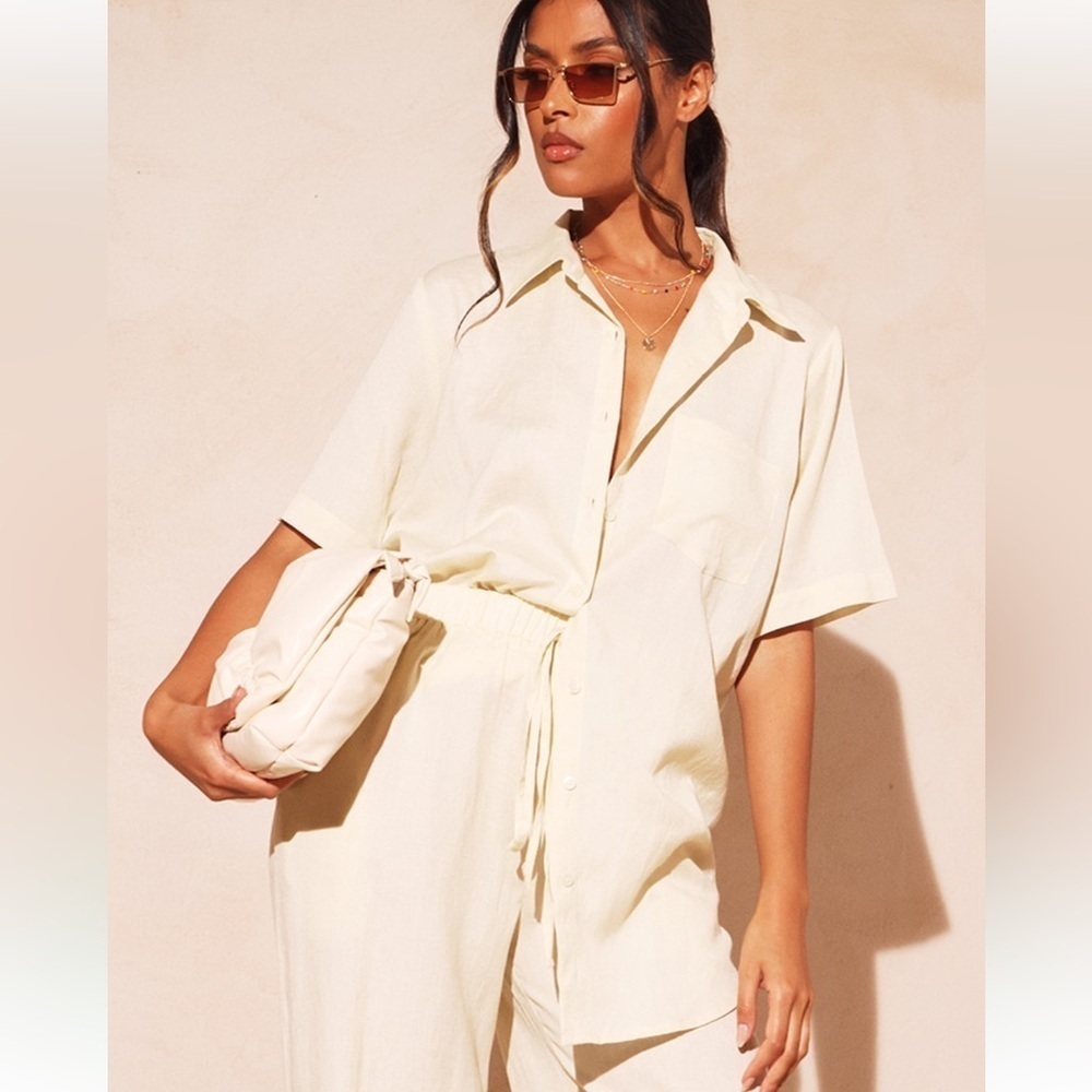 PLT stone linen oversize boxy short sleeve shirt